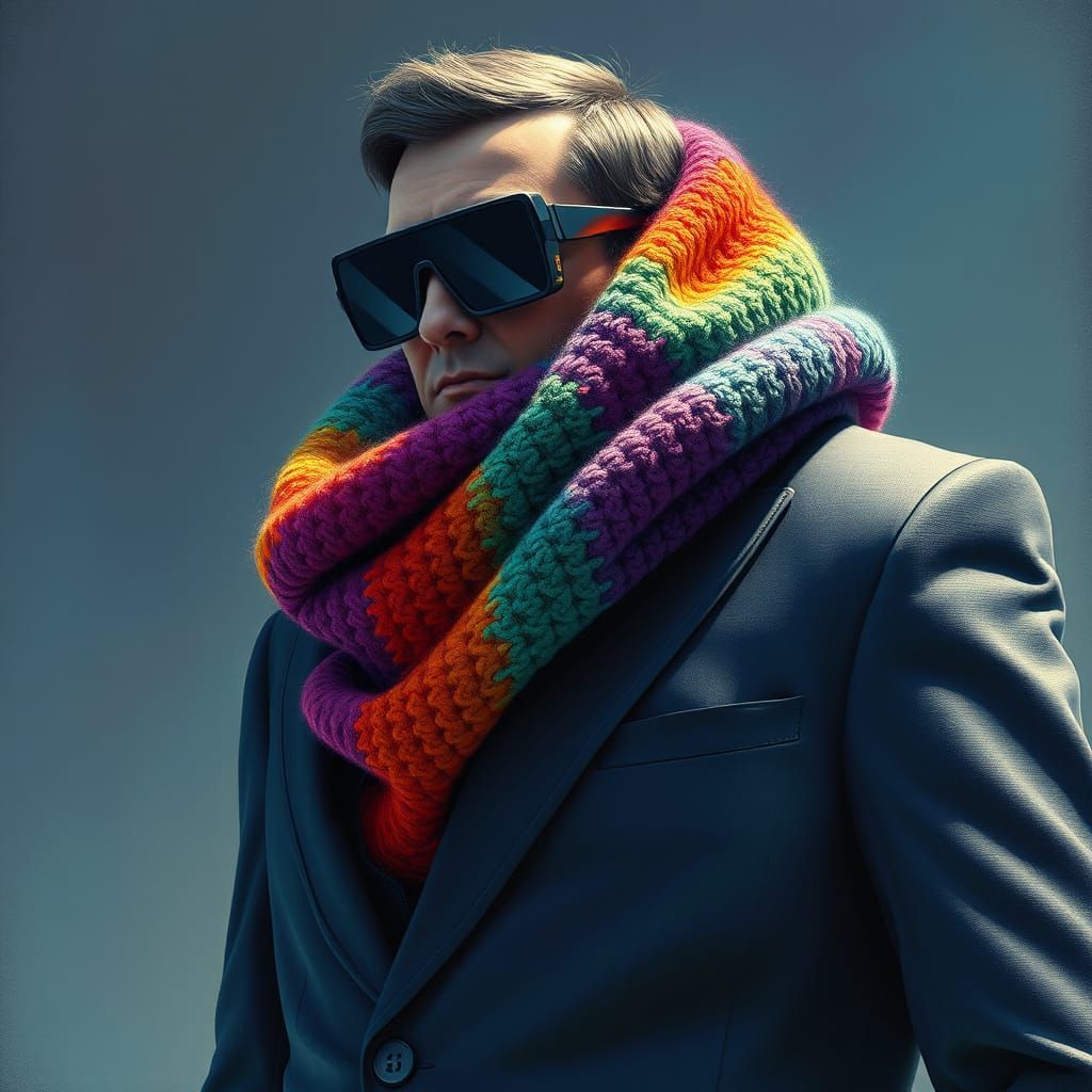 Man in Futuristic, Impressionist Suit with Rainbow Scarf