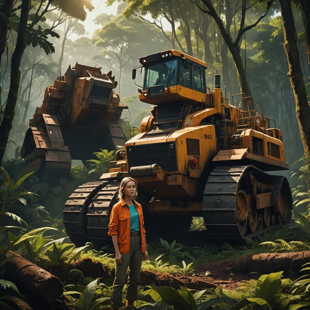 Girl with Bulldozer in Jungle, Cinematic Style