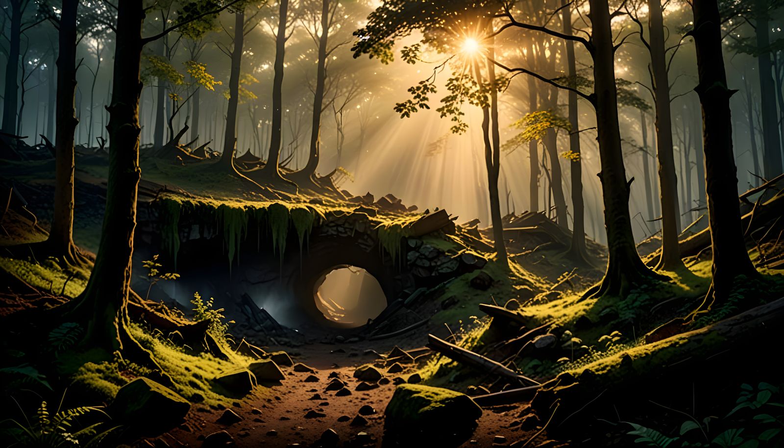 Magical Forest Cavern with Sunlight, Photorealistic Oil Pain...