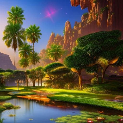 Lush Pond with Water Lilies: Detailed Matte Painting