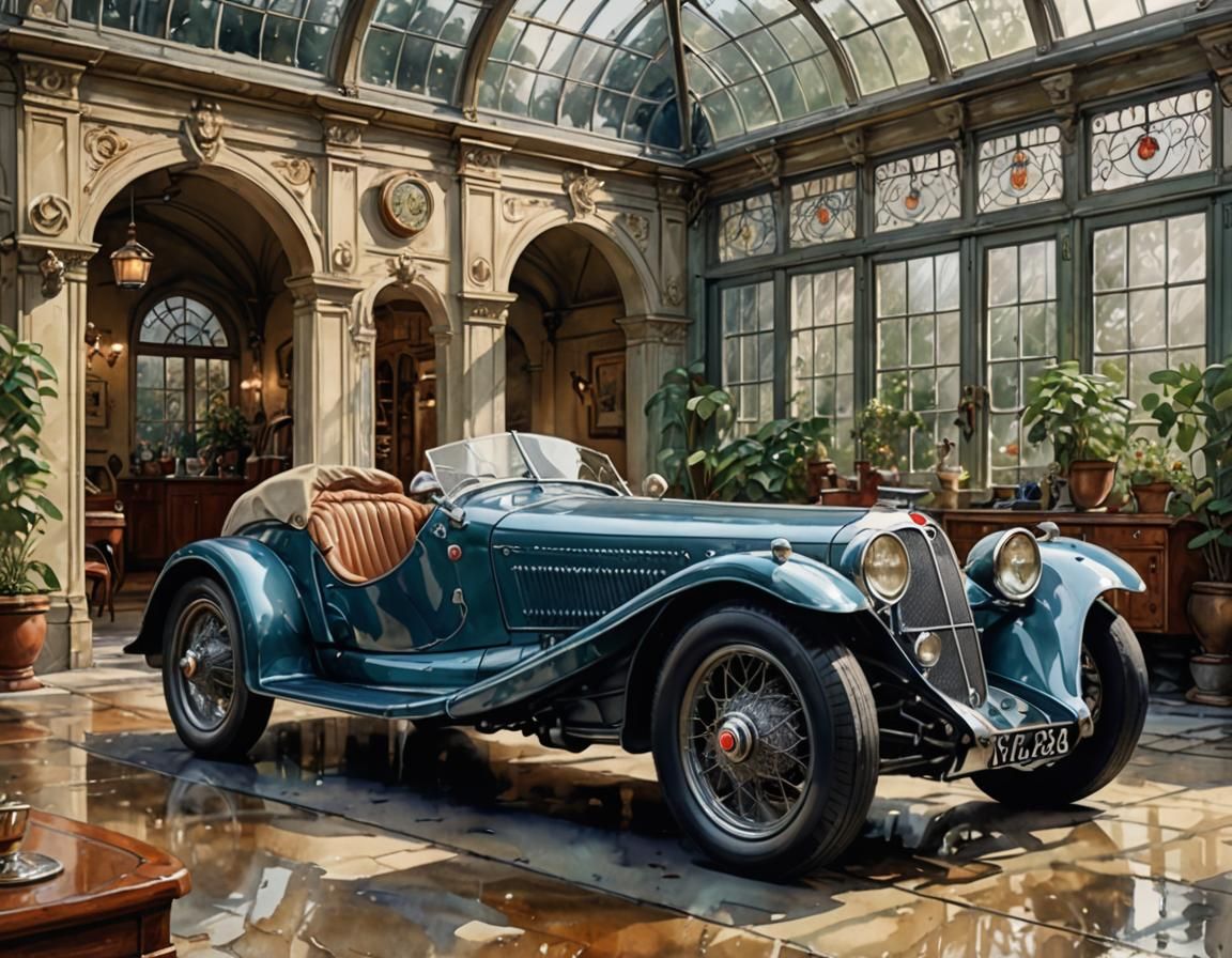 Vintage Alfa Romeo in Art Nouveau Garage Watercolor