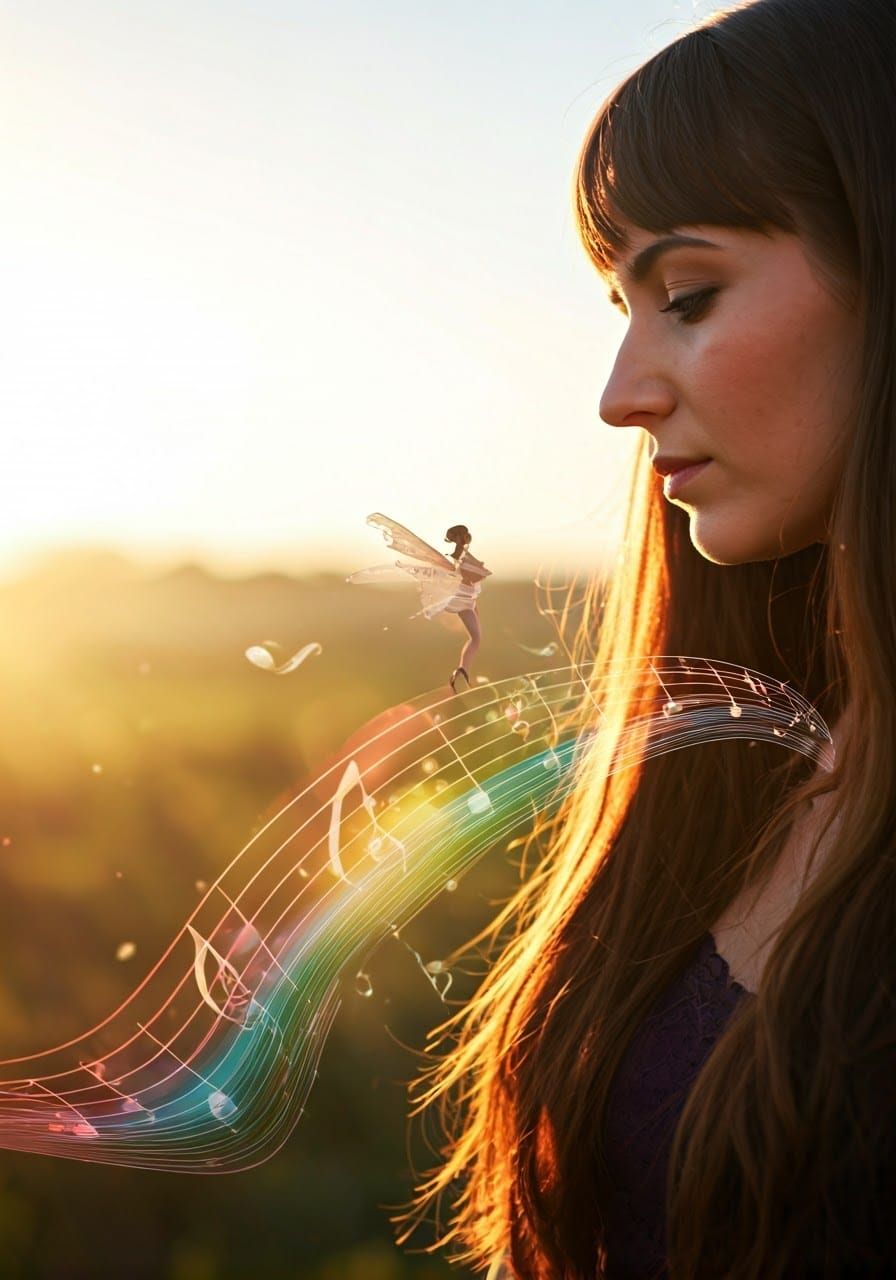 Fairy Rides Rainbow Music Note on Sunny Day