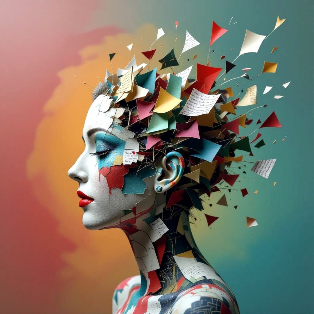 Surreal Head Exploding Into Paper Fragments with Glitch Effe...