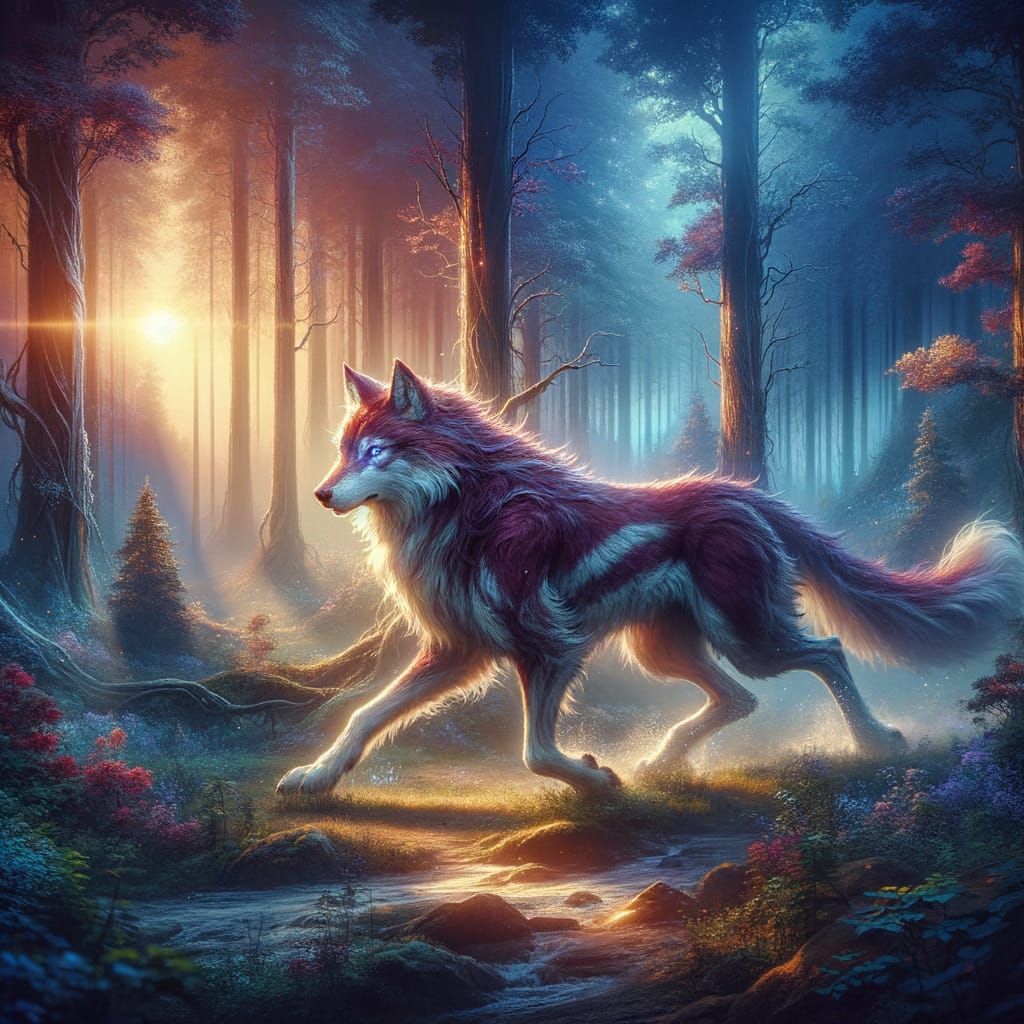 Crimson Wolf in Magical Forest, Digital Matte Painting