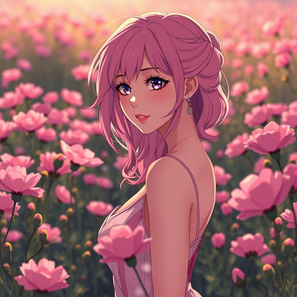 Elegant Pink-Haired Woman in Anime Style Carnation Field