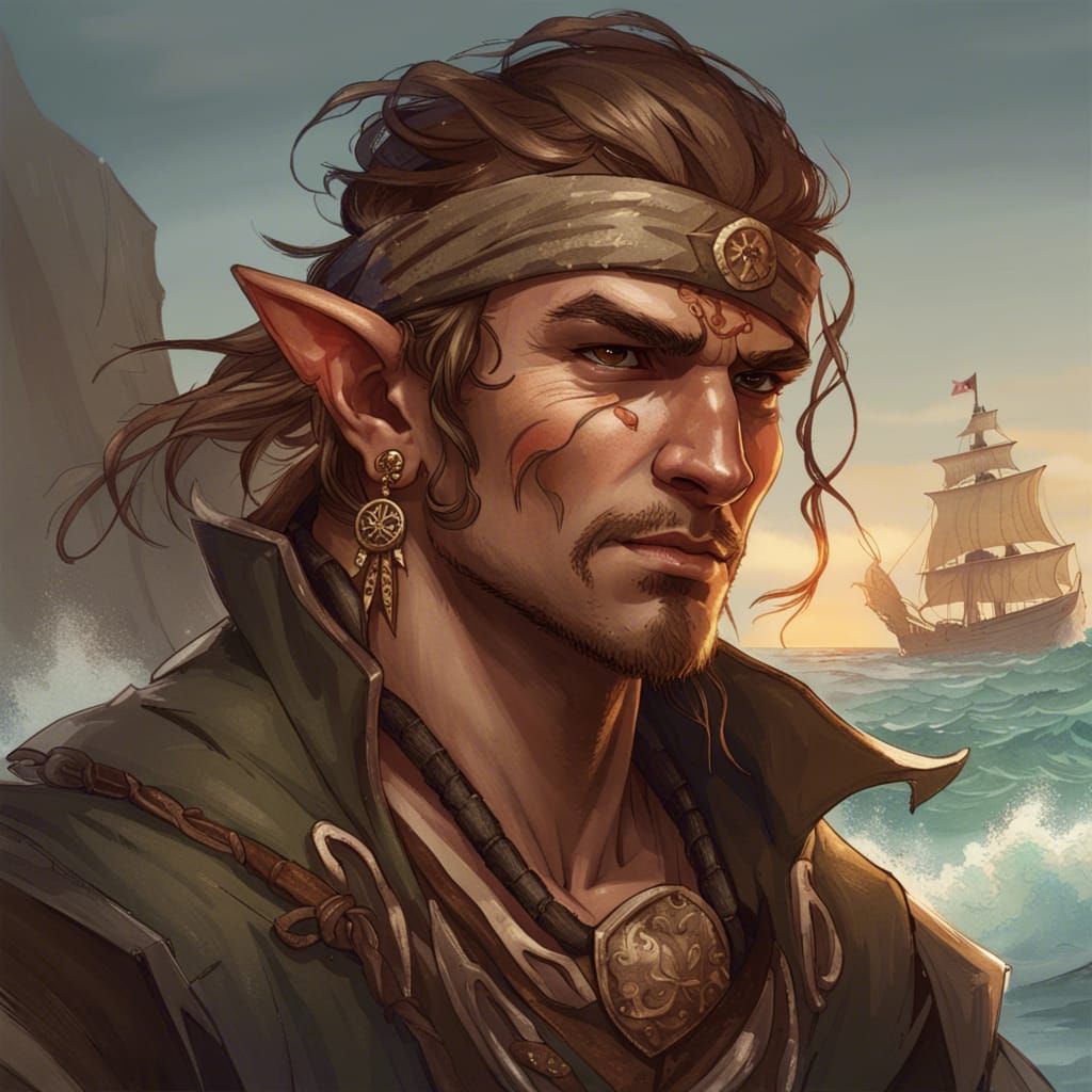 Smug Half-Elf Pirate Portrait in Hyperdetailed Style