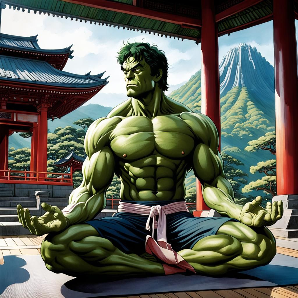 Hulk Meditates in Temple, Graphic Novel Style