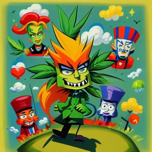 Cartoon Characters in a Marijuana Field: Gouache Painting