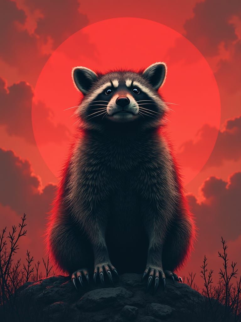 Raccoon in Dramatic Pose Against Scarlet Sky