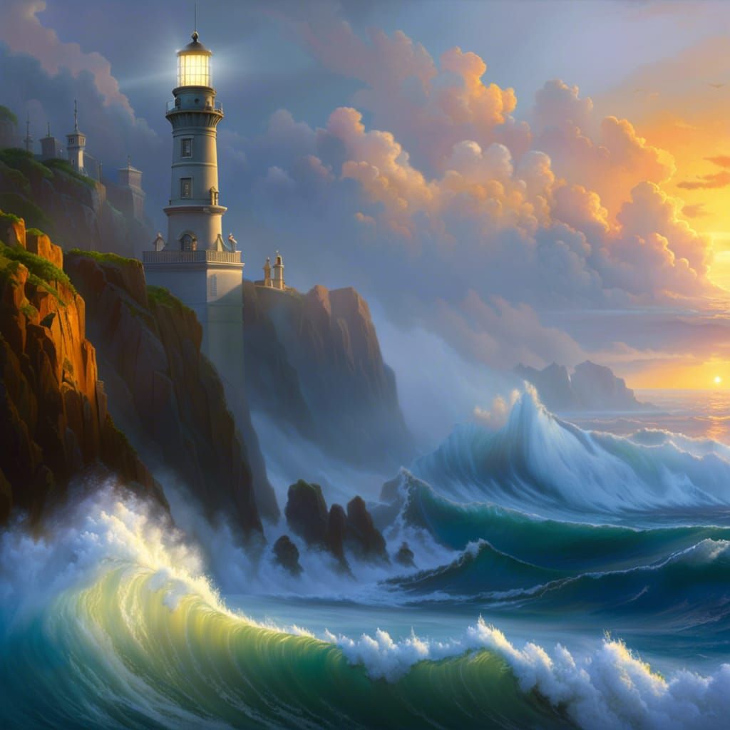 Lighthouse on Rocky Shoreline with Sunbeams
