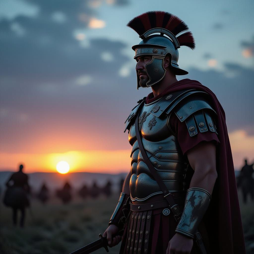 Stoic Roman Centurion on Battlefield at Dusk