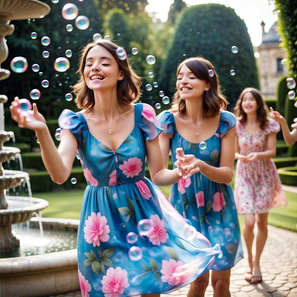 Girls in Garden Releasing Colorful Soap Bubbles