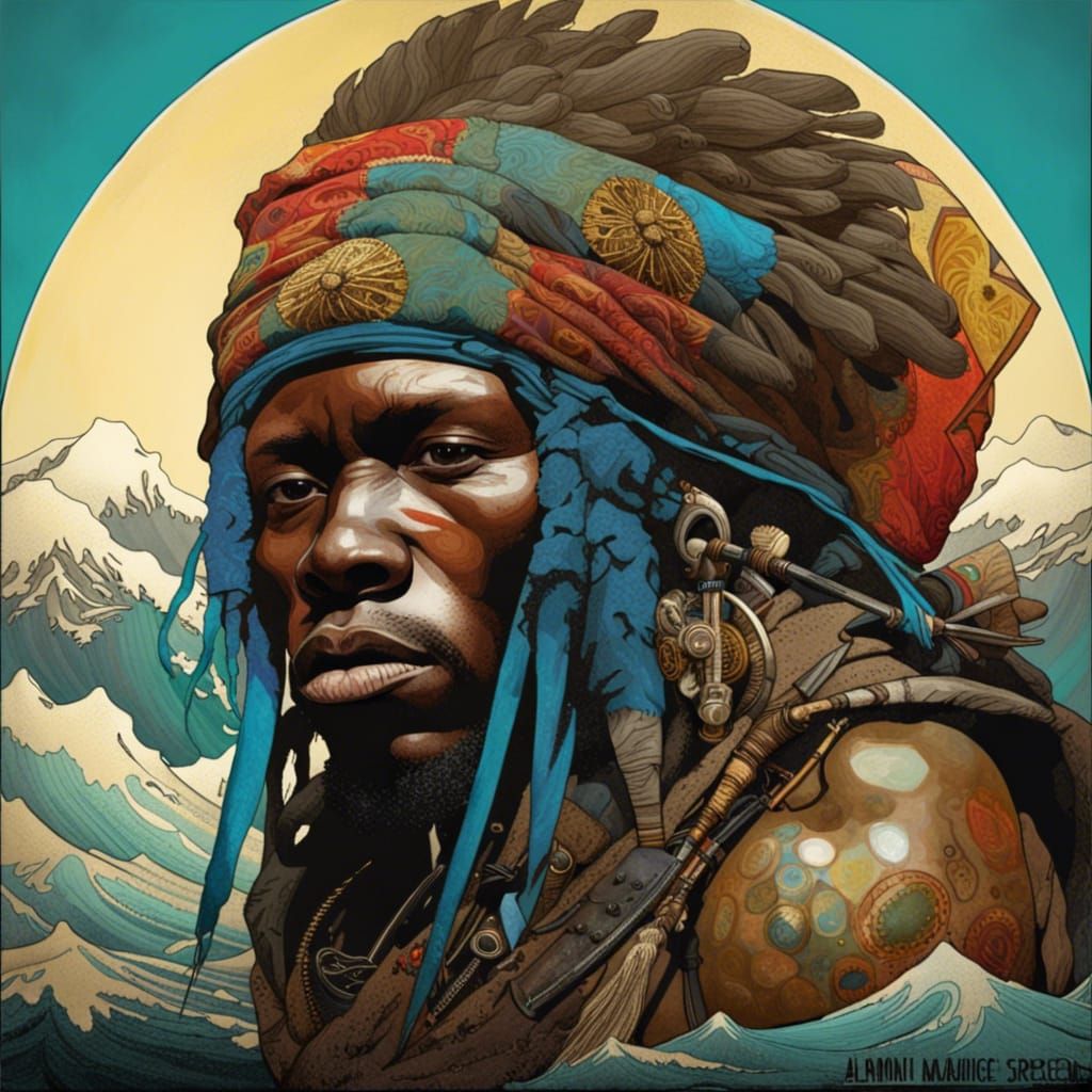 African Warrior in Surrealist Silk Screen Style