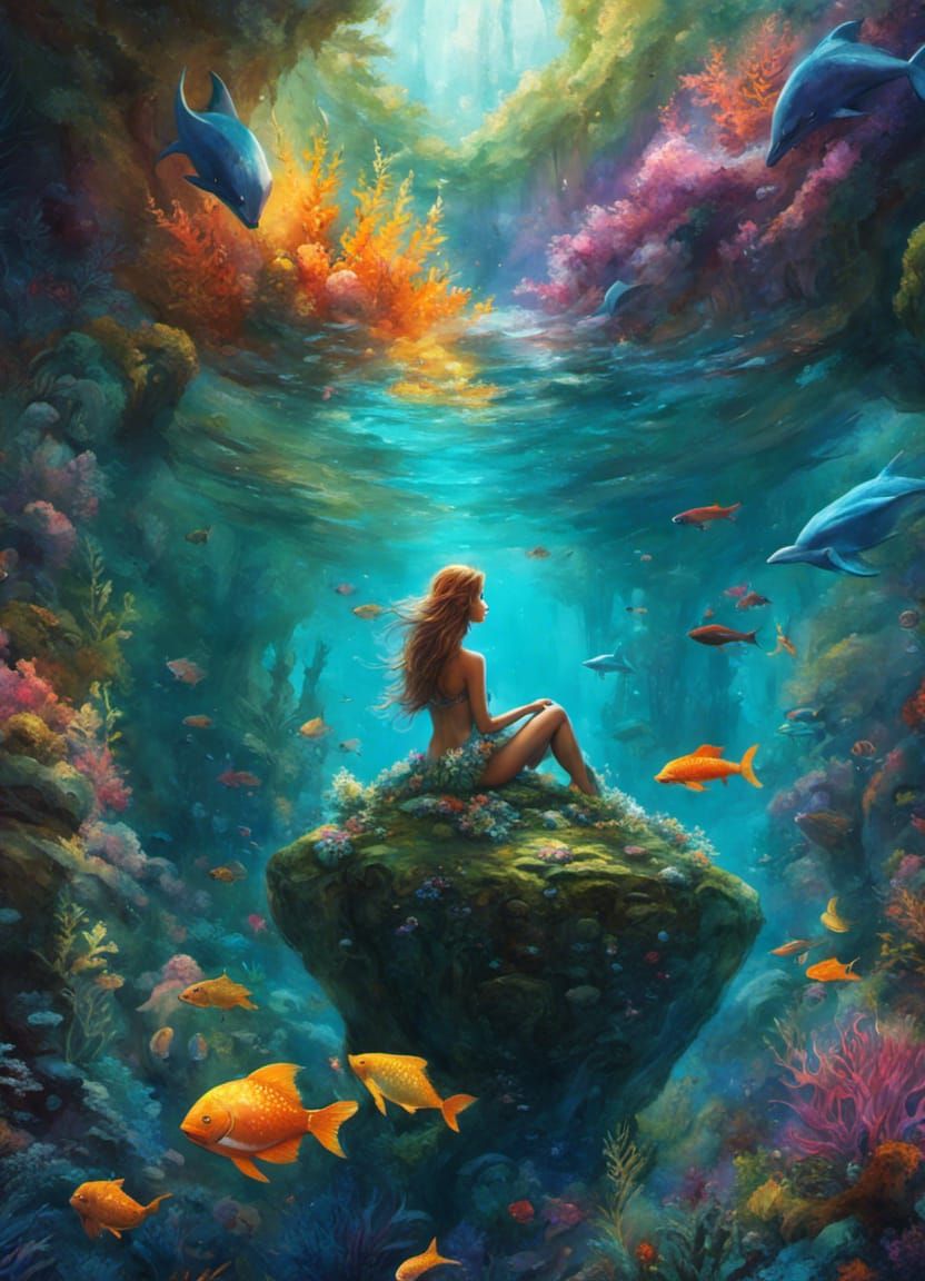 Beautiful Mermaid on Rock in Fantasy Ocean
