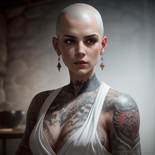 Tattooed Woman in Toga: Hyperrealistic Tavern Scene