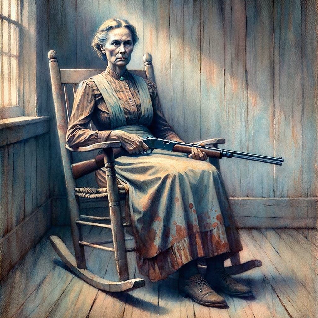 Rustic Woman with Shotgun in Soft Watercolor Shades