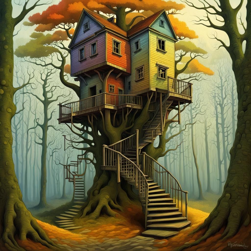 Surreal Treehouse Staircase in Liminal Space