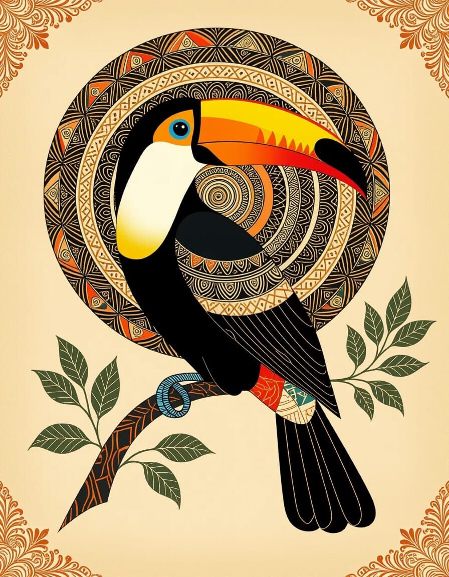 Stylized Toucan Illustration in Japanese Art Style