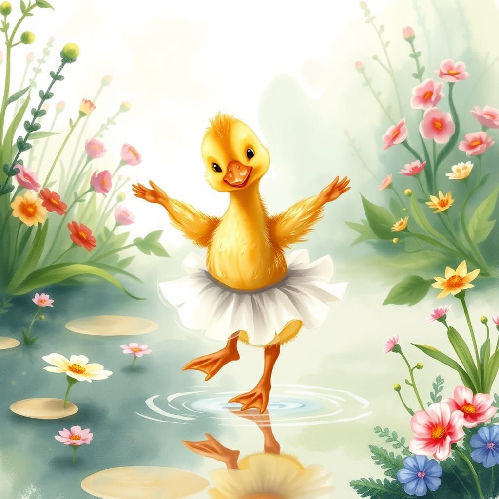 Dancing Duckling in Watercolor Style