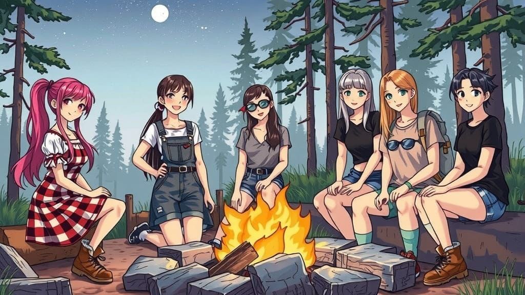 Manga Women's Camping Trip Around Campfire