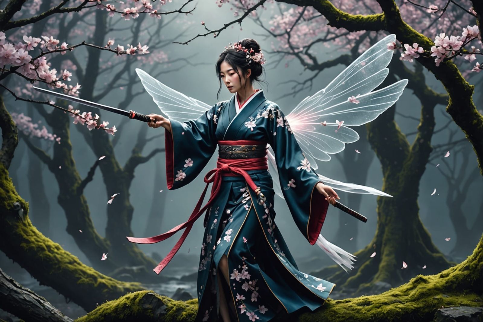 Japanese Fairy with Katana in Ethereal Twilight