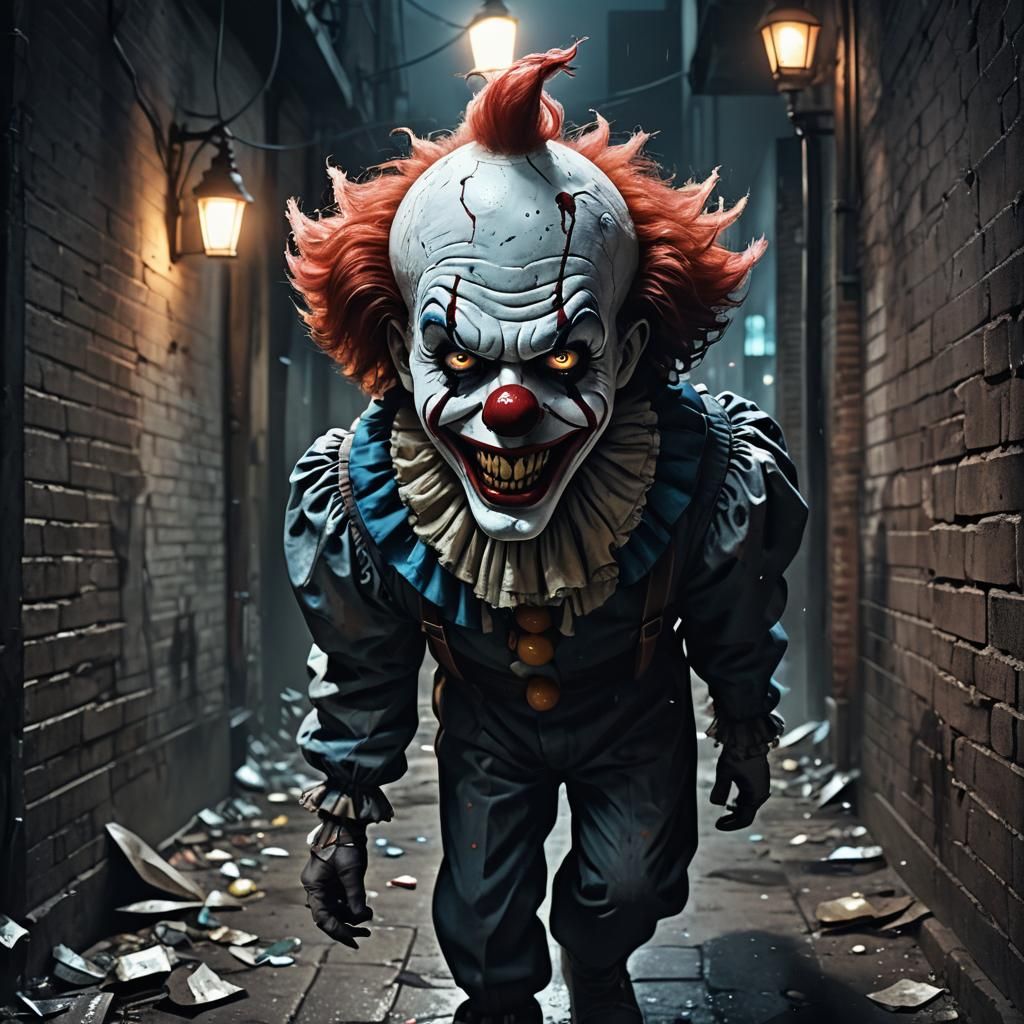 Menacing Killer Clown in Dark Alley, Digital Art