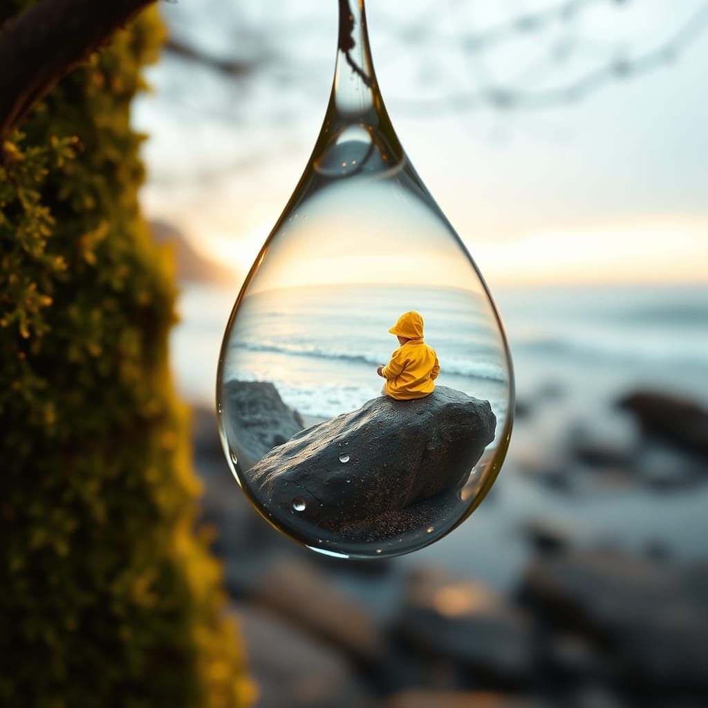 Raindrop Refracts Boy's Seaside Dream: Hyperrealistic Macro