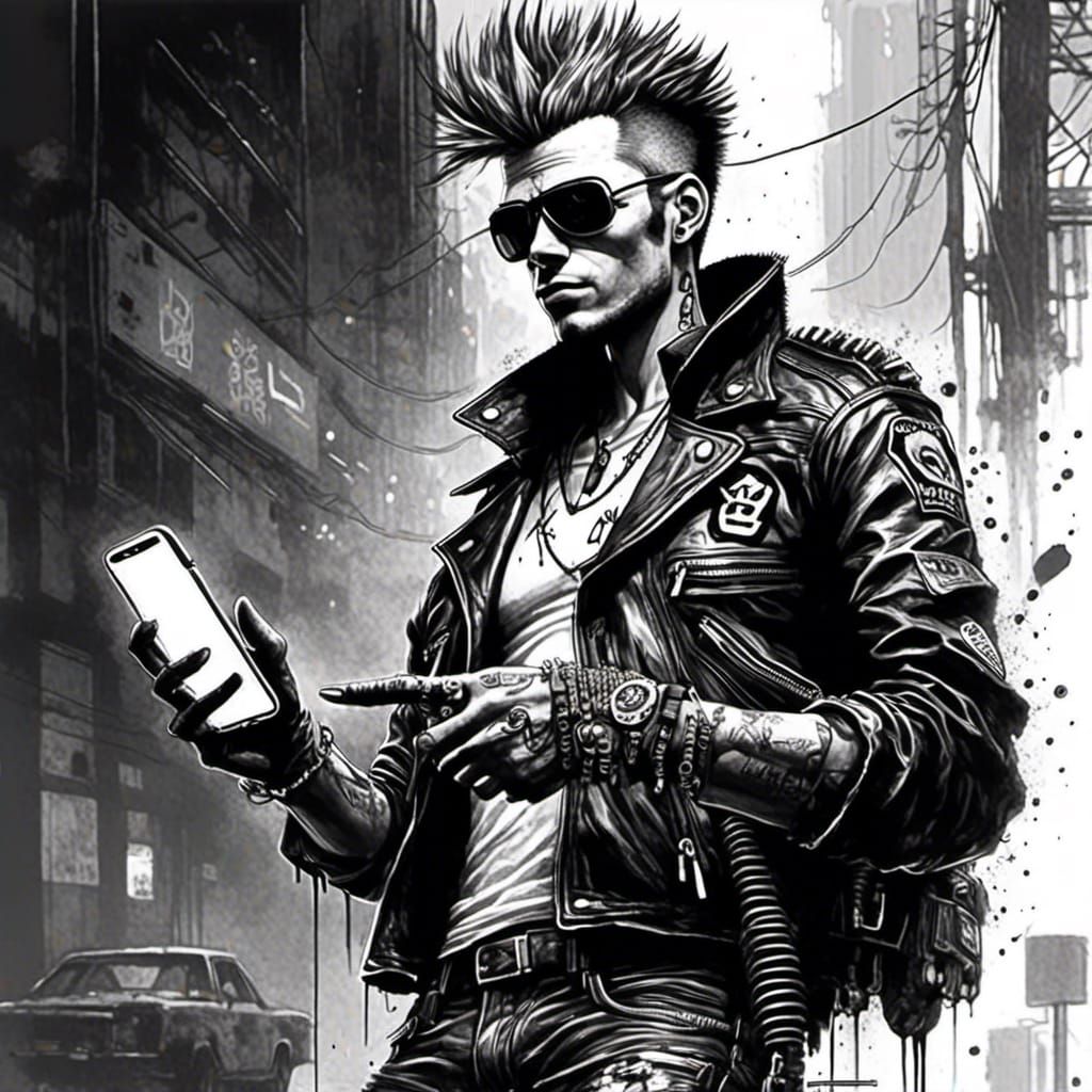 Cyberpunk Biker Rockstar in Black and White Drawing