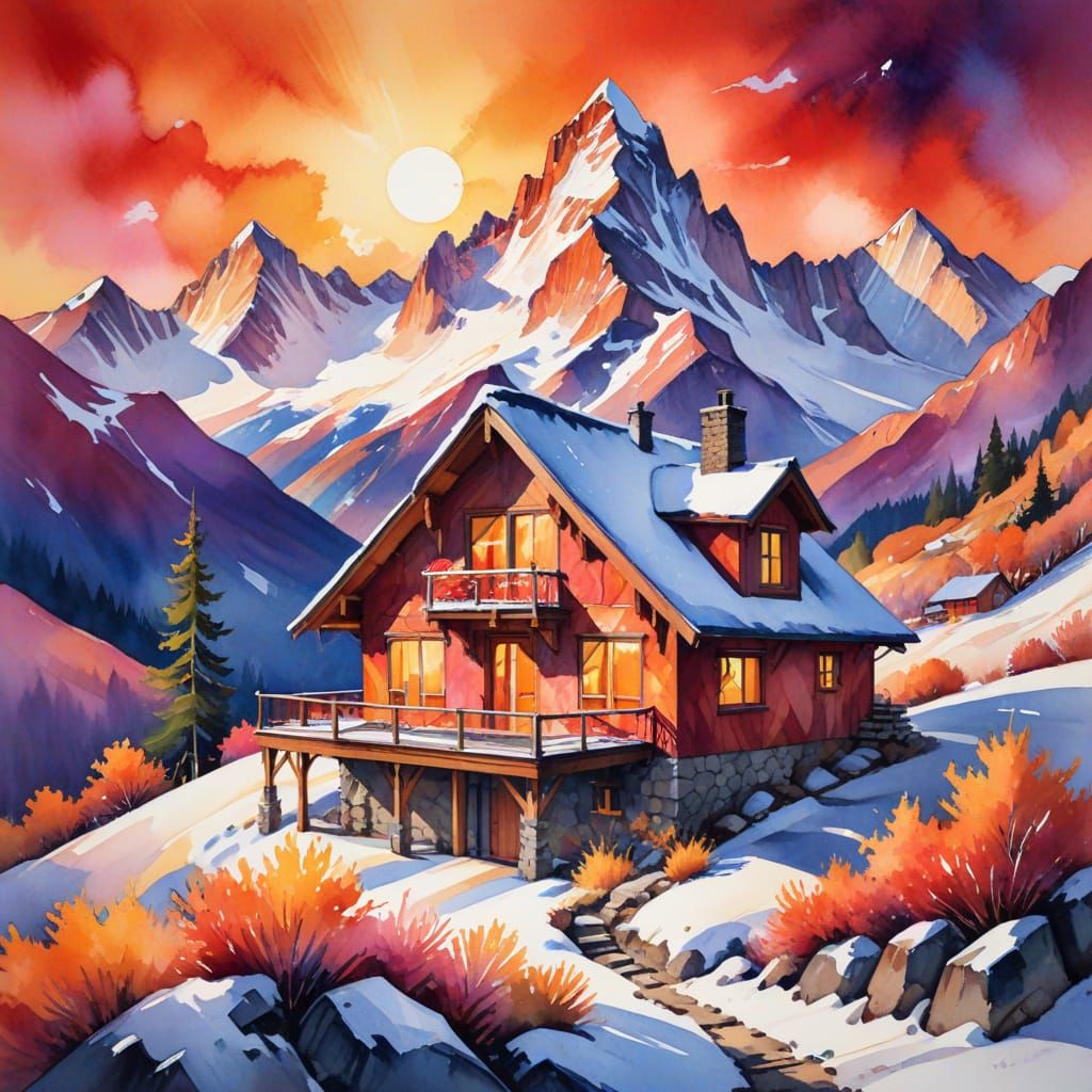 Whimsical Mountain Chalet: Expressionist Watercolour Paintin...