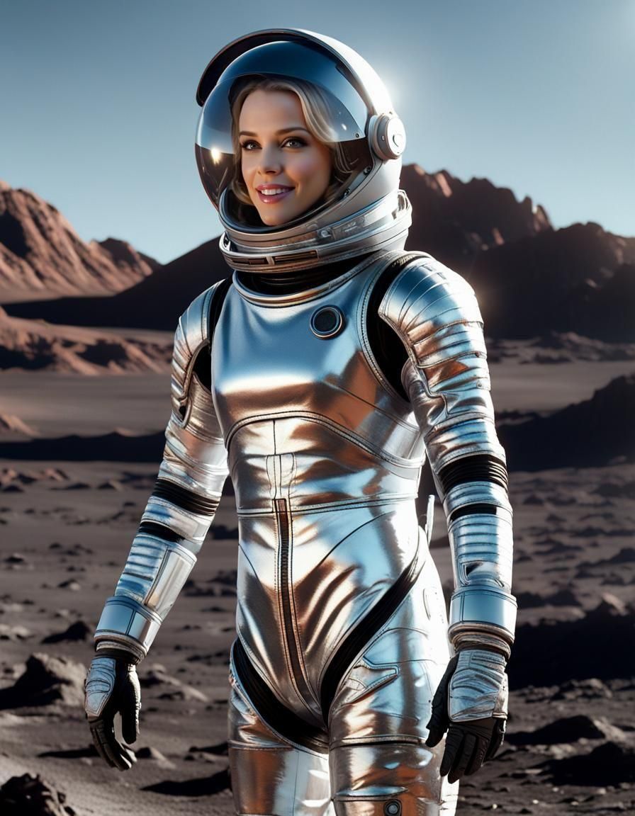 Smiling Woman in Spacesuit on Alien Planet