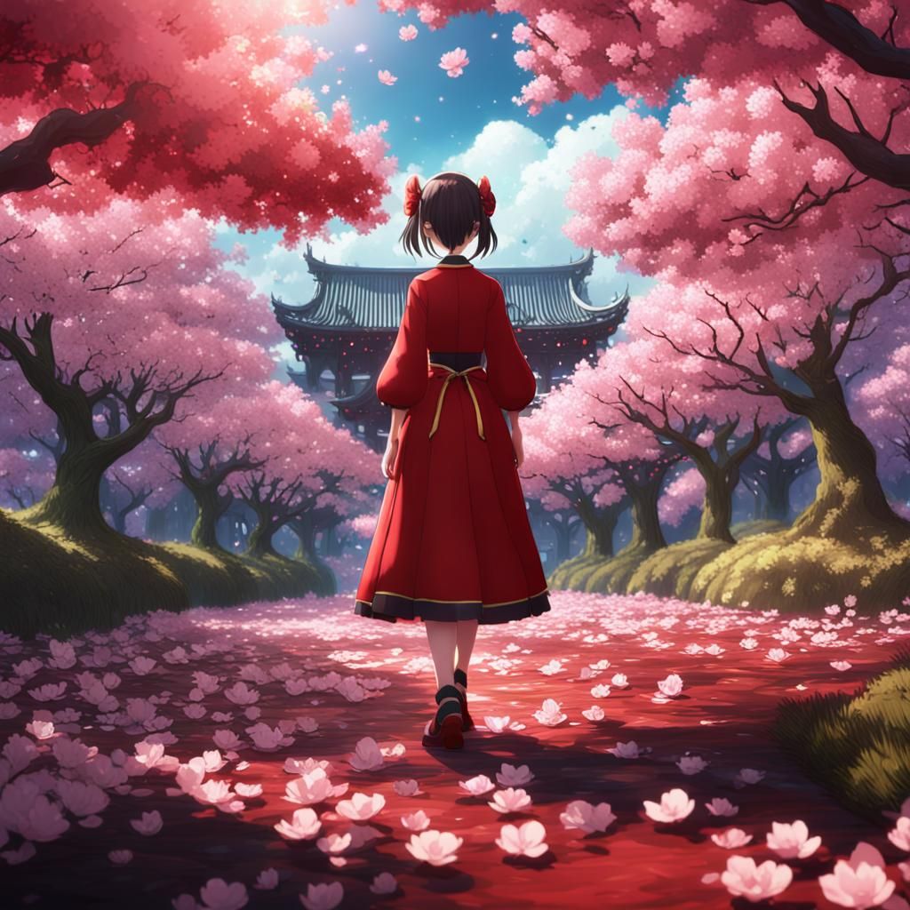 Anime Girl in Cherry Blossom Grove Art