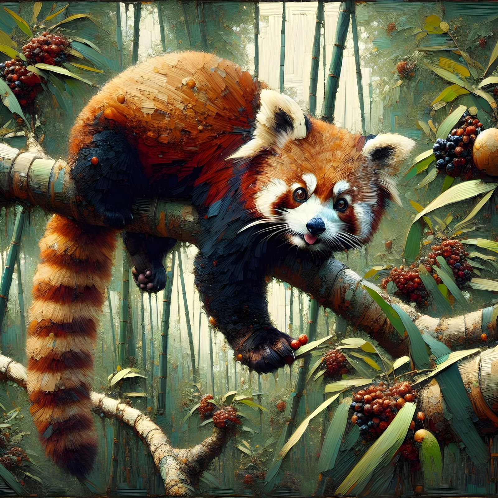 Red Panda Feasting on Fruit in Bamboo Forest
