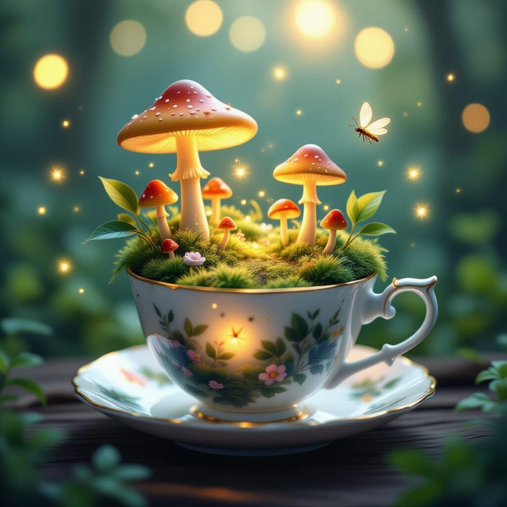 Dreamy Miniature Forest in Teacup with Glowing Elements