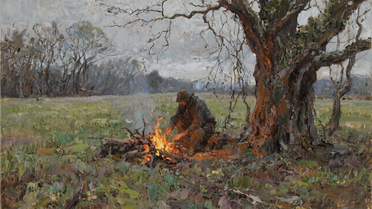Figure Tending Campfire in Moody Spring Field