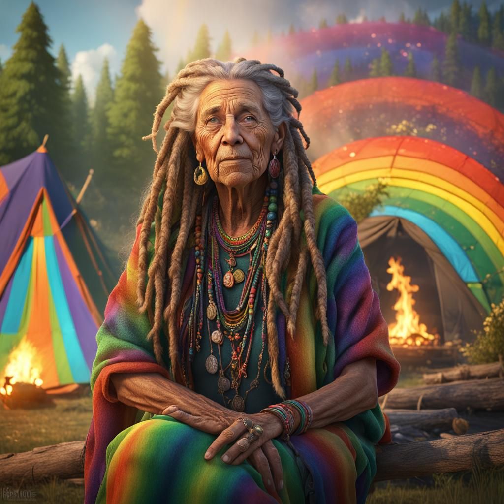 Rainbow Hippie Woman at Festival: Detailed Digital Art