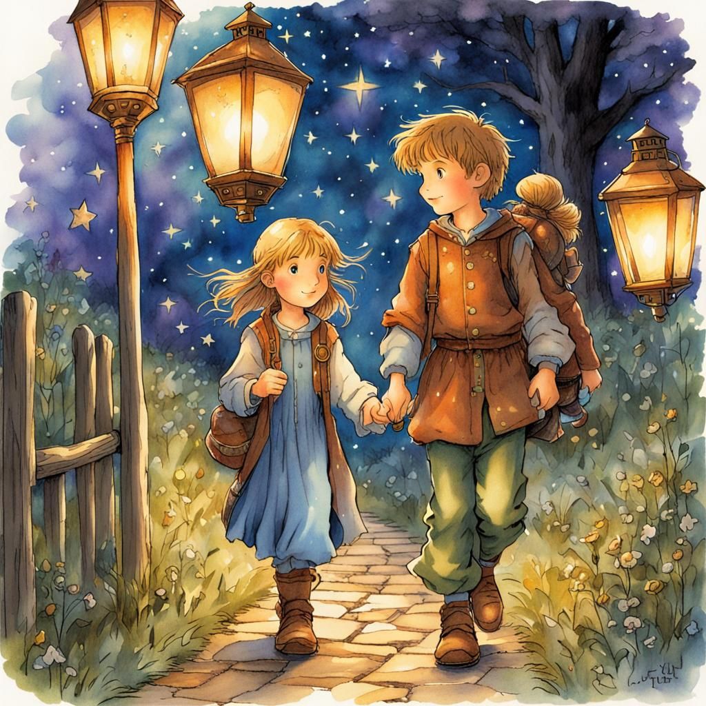 Anime Siblings Guided by Lantern Light