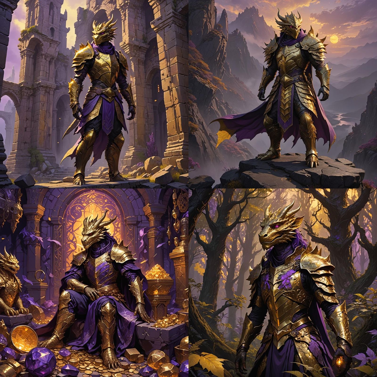 Non-Binary Gold Dragonborn in Dark Fantasy Style