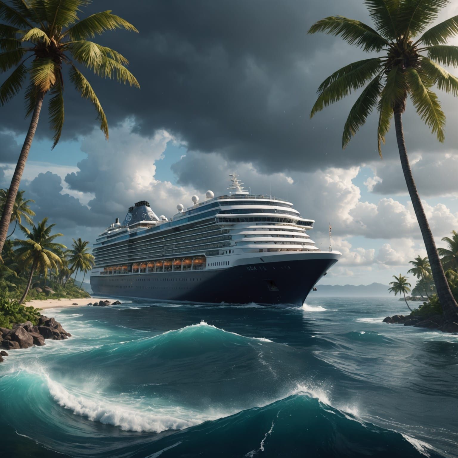 Cruise Ship Approaches Island in Storm