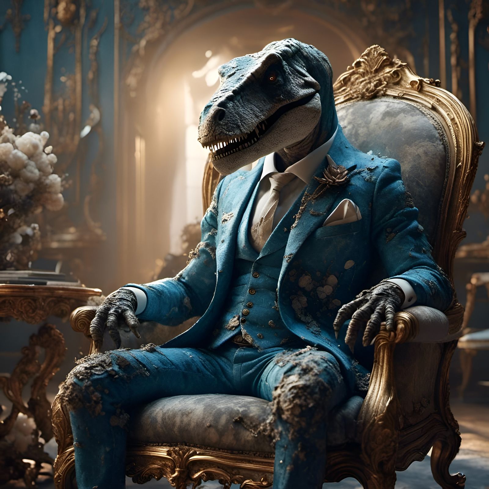 T-Rex in Suit Sits in Room, Cinematic Visual
