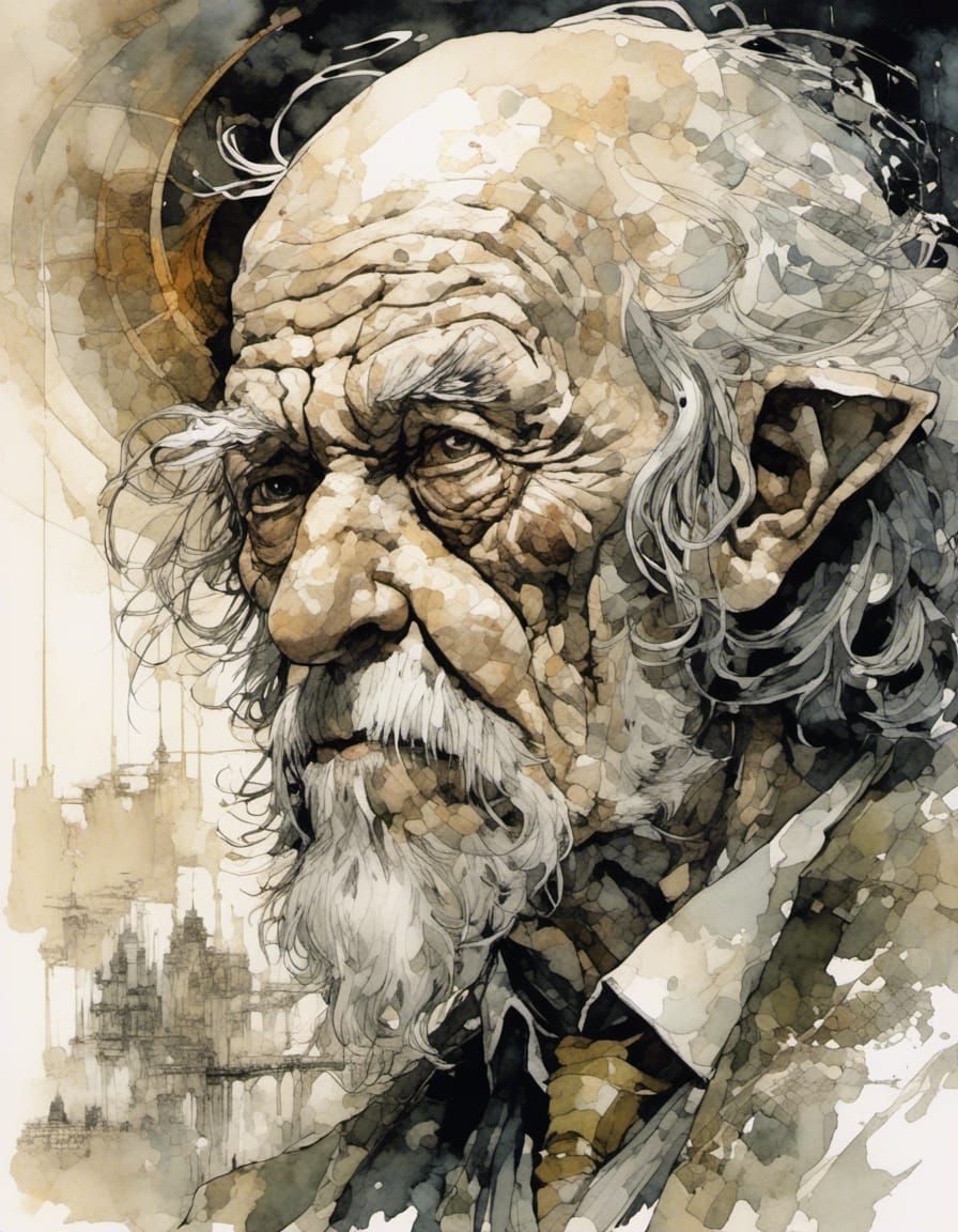 Watercolor Portrait of Tired Hobbit with Mystical Aura