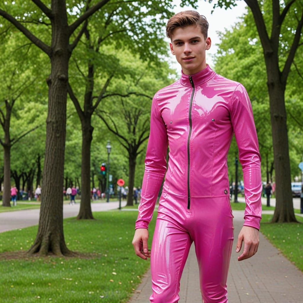 Person in Pink Latex Walks Through City Park