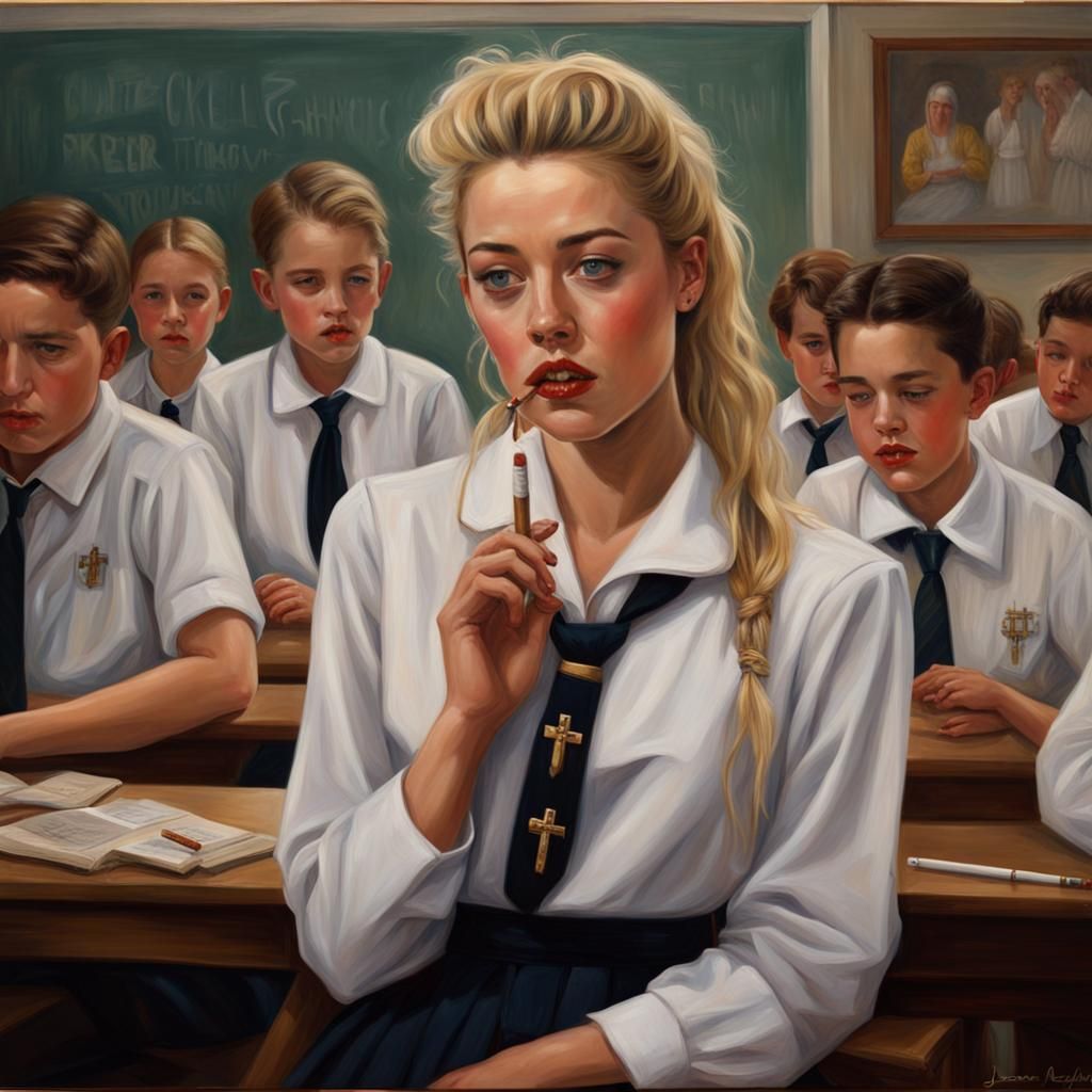 Amber Heard as Oil Painting in School Uniform