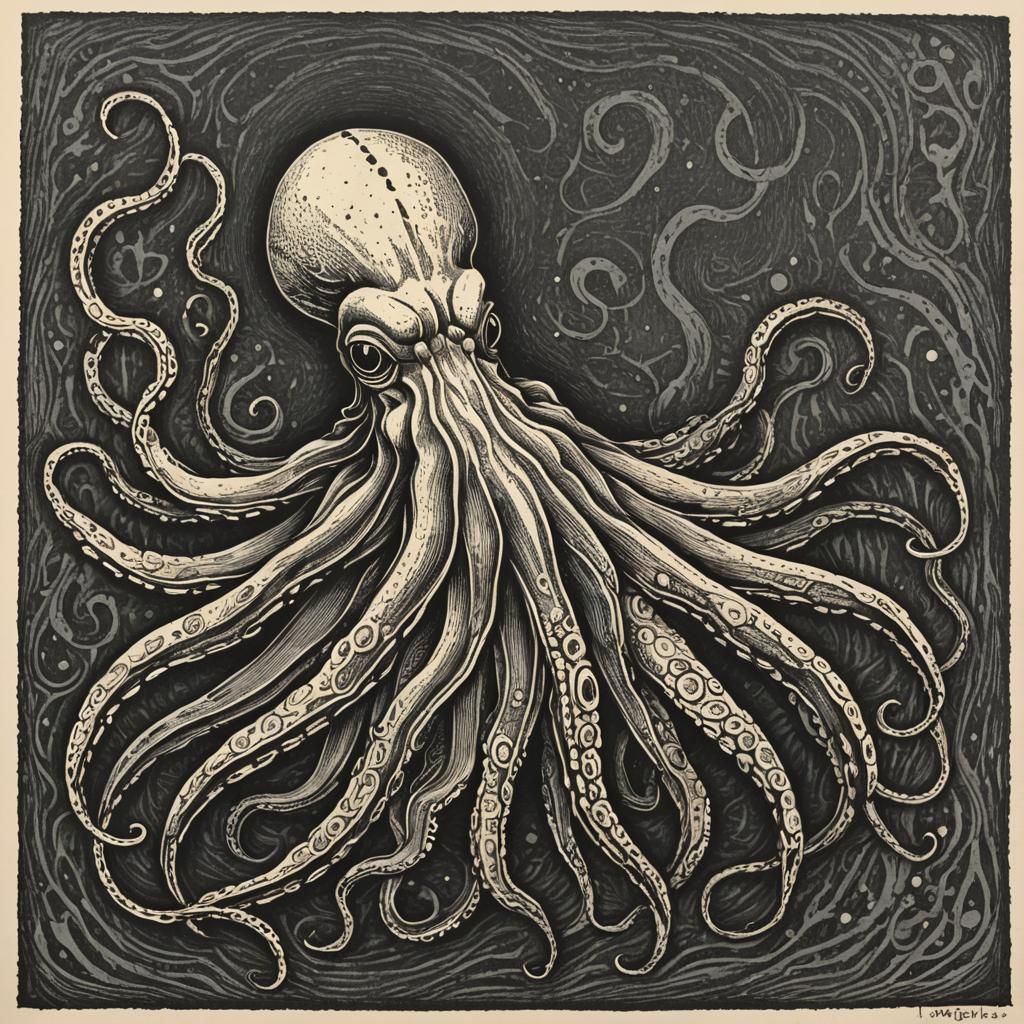 Detailed Squid Illustration in Woodcut Style