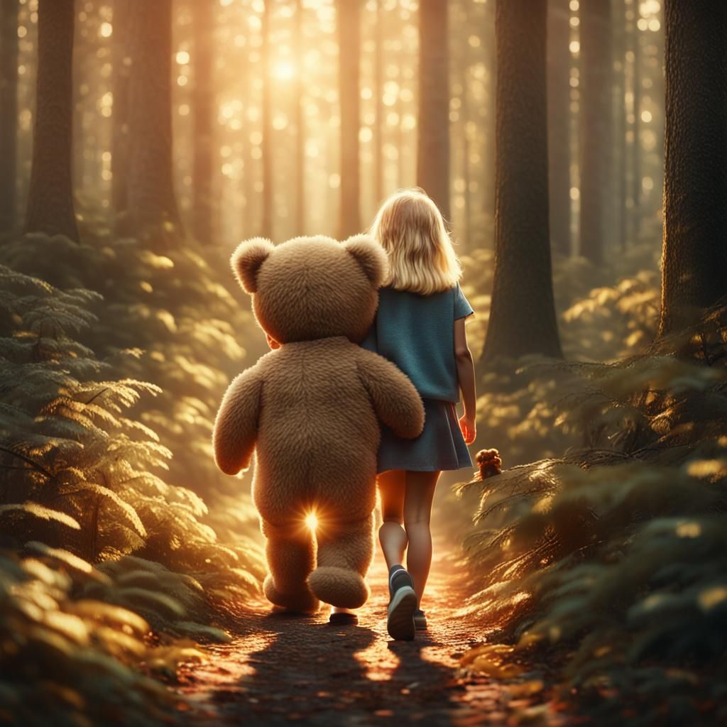 Girl and Teddy Bear Adventure in Hyperrealistic Forest