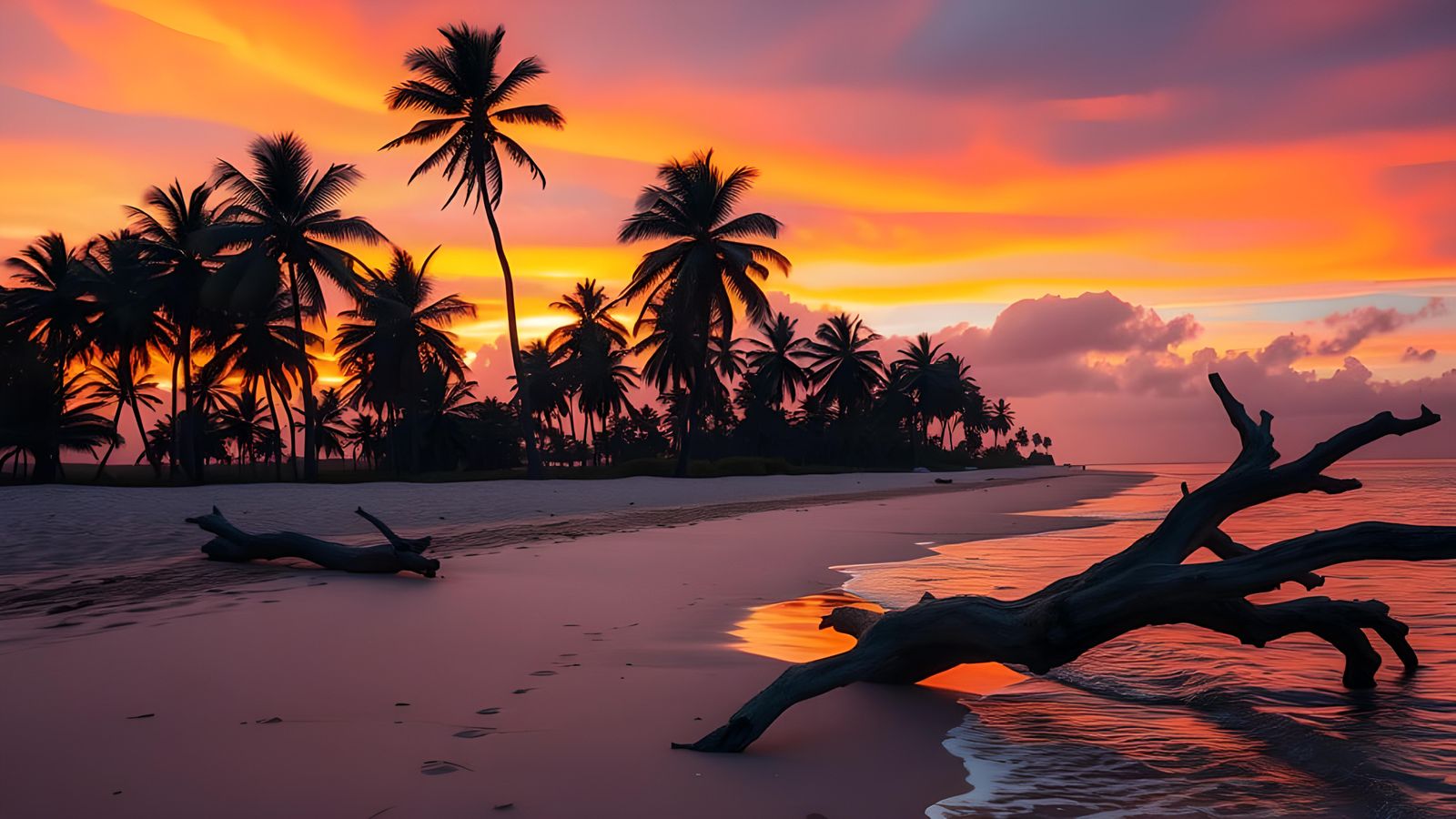 Beach Sunset with Trees in Realistic Style