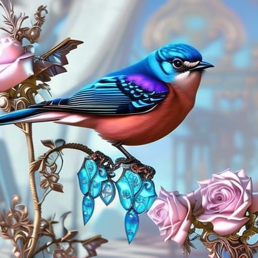 Steampunk Robotic Bluebirds and Crystal Roses Digital Art