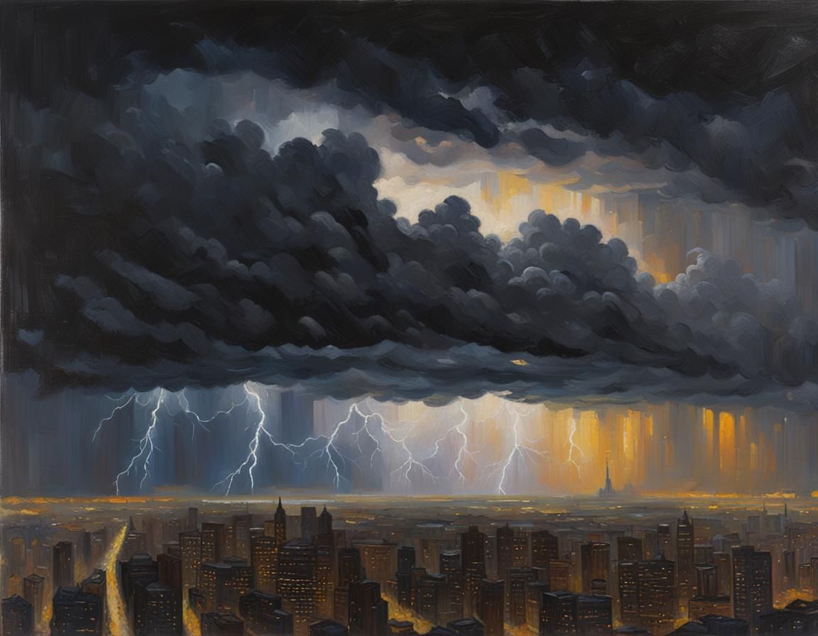 Cityscape Thunderstorm in Oil Painting Style
