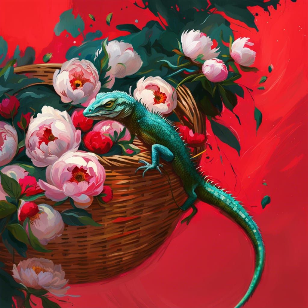 Lizard in Peonies Basket: Marbling Gouache Illustration