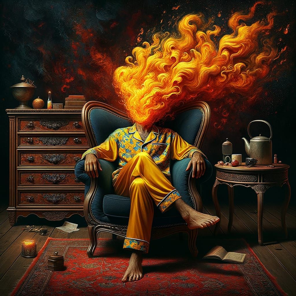Man with Fiery Head in Ornate Armchair