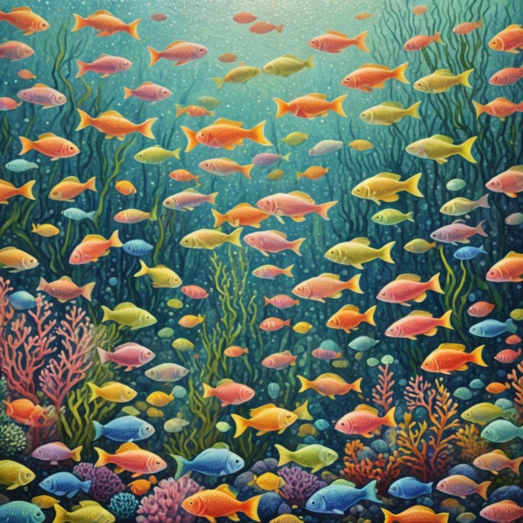 Pointillist Aquarium with Colorful Fish and Coral